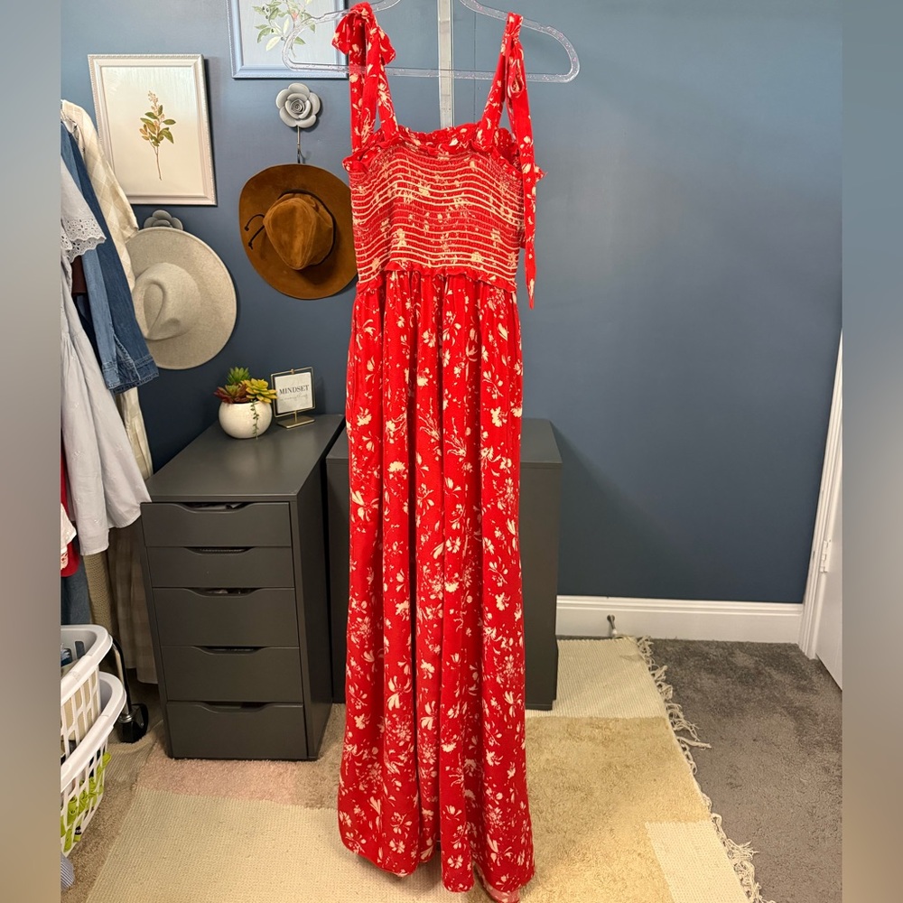 Free People Color My World Jumpsuit Red Floral XS/TP Smocked Wide Leg Boho